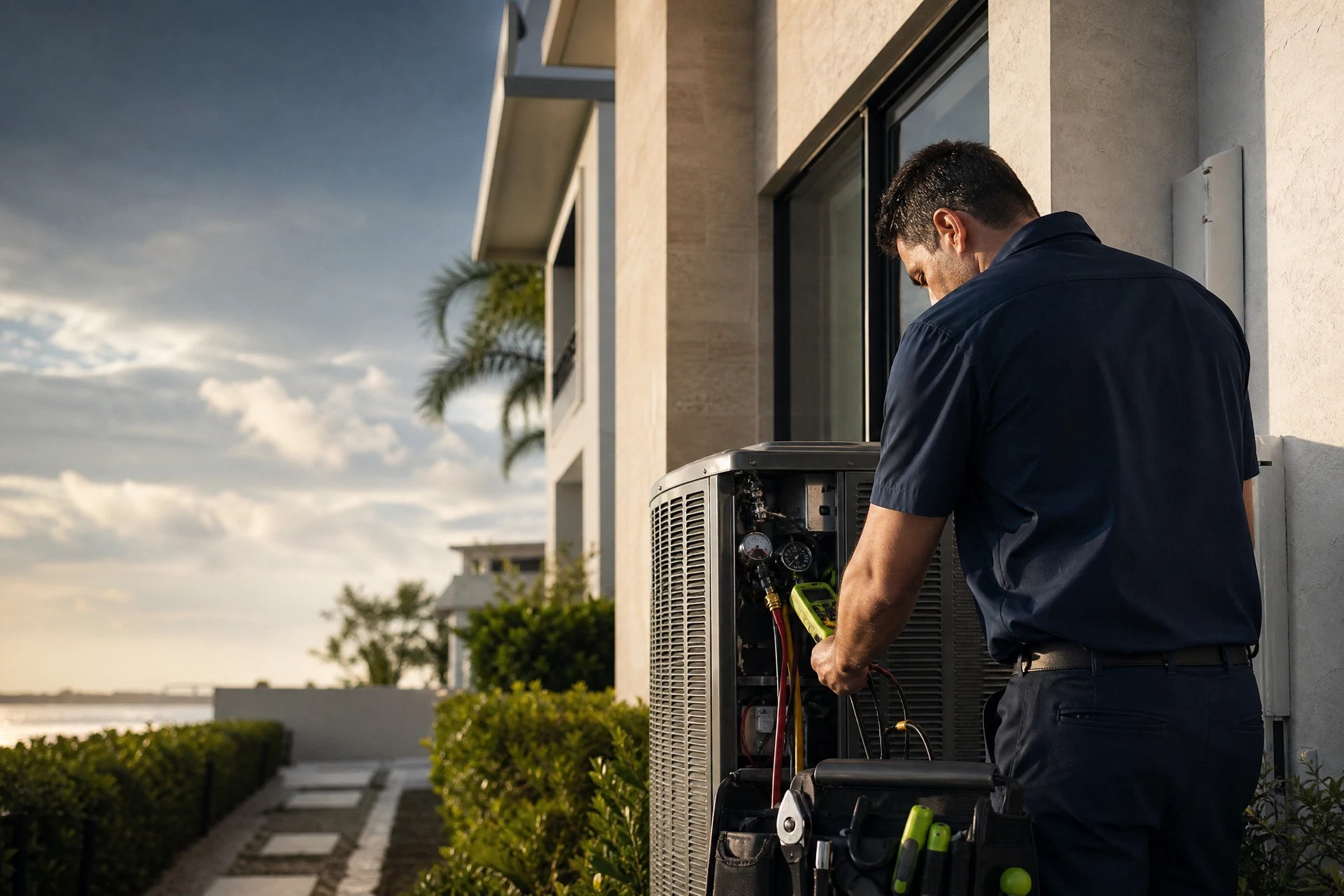 HVAC technician servicing an outdoor condenser beside a South Florida home